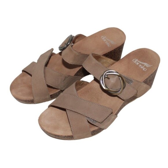 Dansko Women's Taupe Milled Nubuck Leather Susie Wedge Sandals - 39 (US 8) - Picture 3 of 11